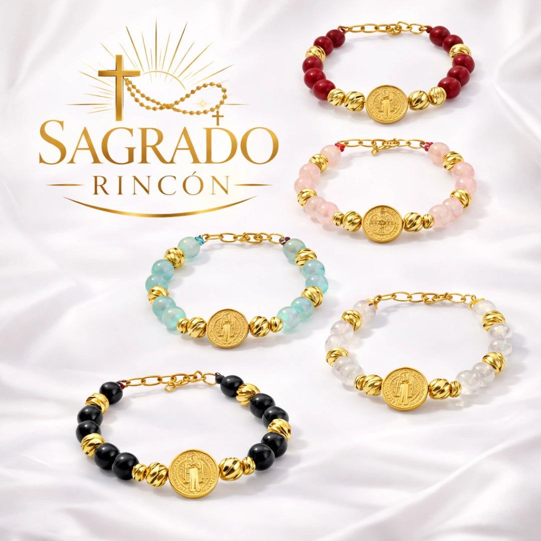 Pulsera San benito Protector | Perla natural y Baño de oro 18k