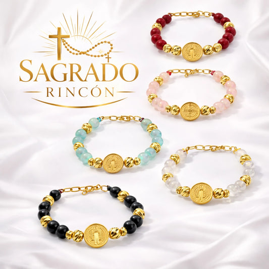 Pulsera San benito Protector | Perla natural y Baño de oro 18k