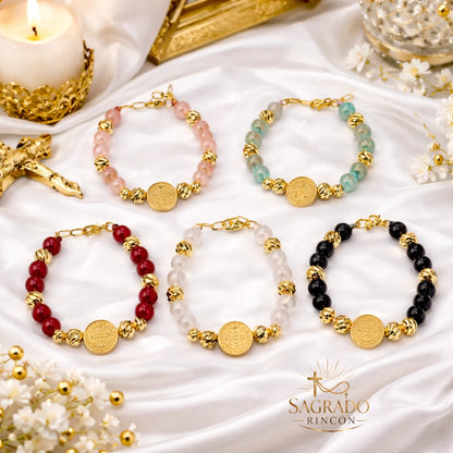 Pulsera San benito Protector | Perla natural y Baño de oro 18k