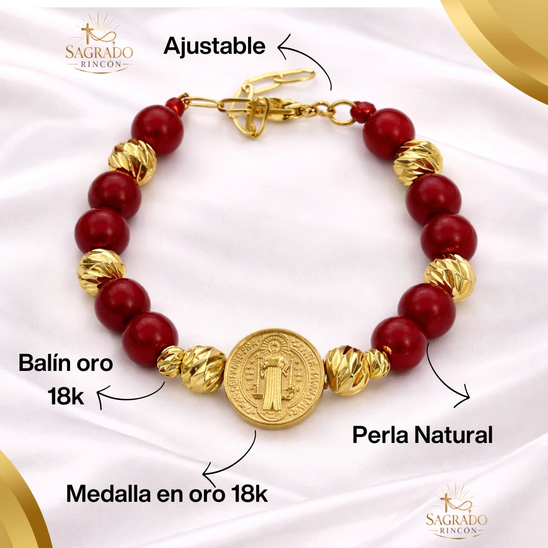 Pulsera San benito Protector | Perla natural y Baño de oro 18k