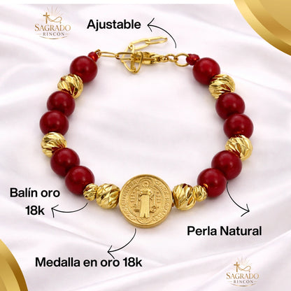 Pulsera San benito Protector | Perla natural y Baño de oro 18k